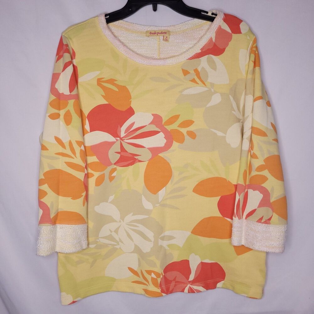 Fresh Produce Sweatshirt Medium Yellow Floral Abstract Hibiscus Terry